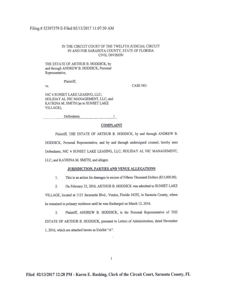 Sunset Lake Village Assisted Living Facility 2017 Complaints