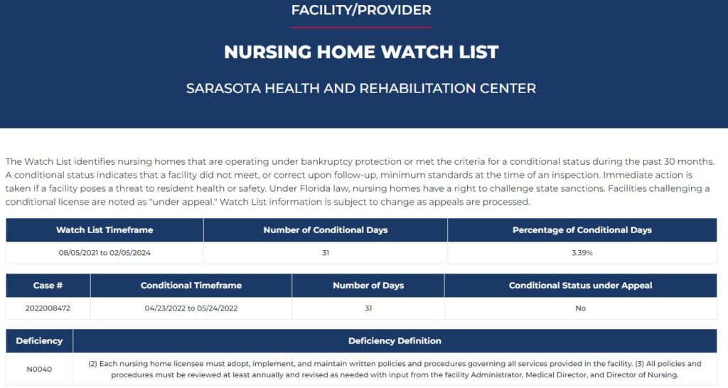 Sarasota Health and Rehab reviews